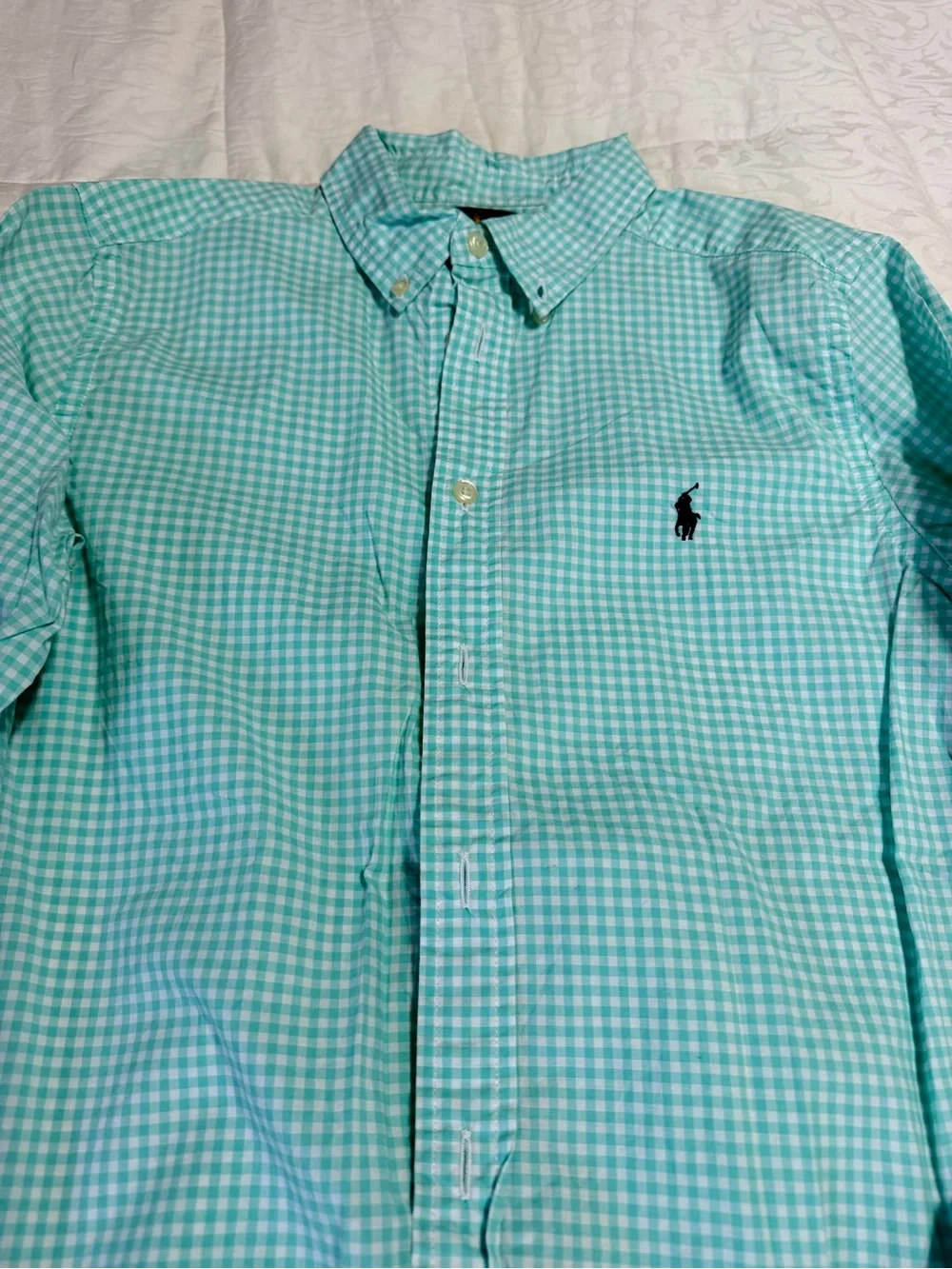Polo Ralph Lauren Boys L 14-16 Aqua Gingham Button Down Shirt Long Sleeve